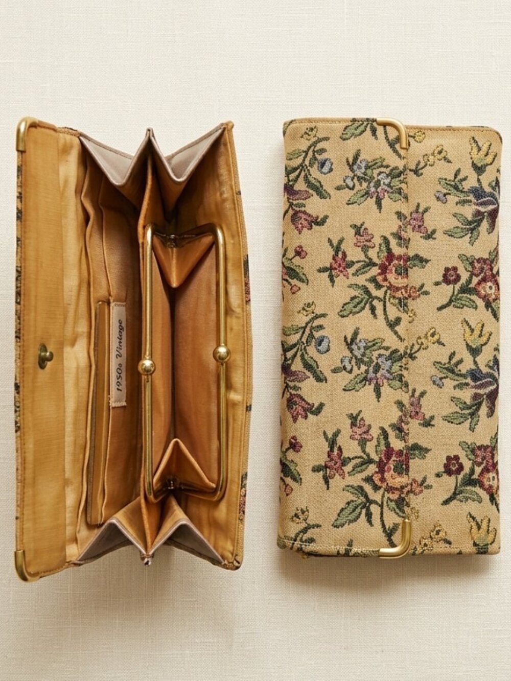 VTG 1950s tapestry wallet change purse with thick vintage mirror mini bag